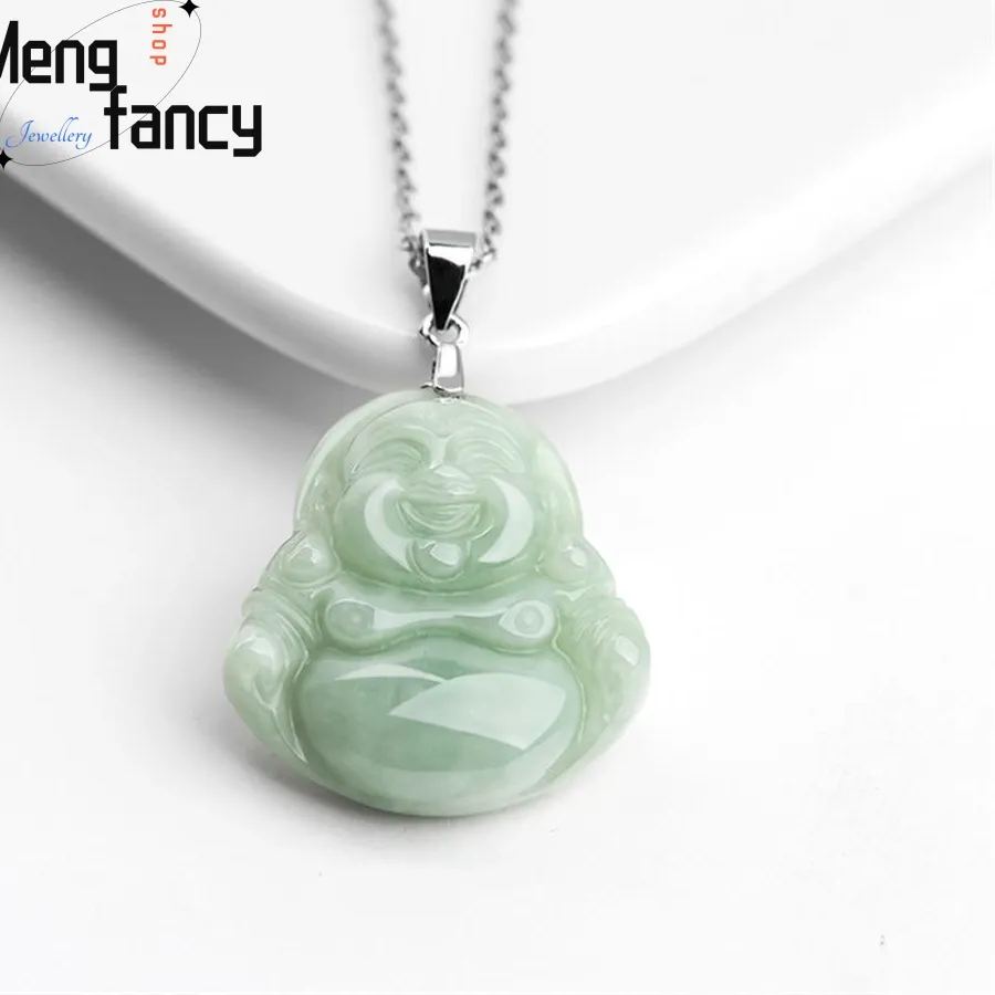 Authentic S925 Silver Necklace Natural Myanmar A-goods Jadeite Light Green Maitreya Buddha Pendant Exquisite Best Selling Jewelry