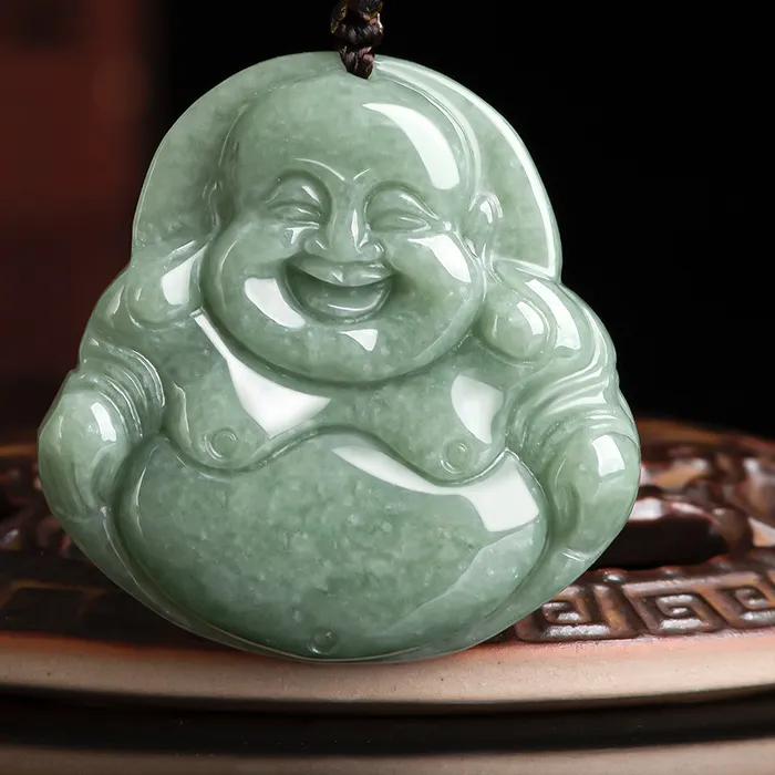 Authentic Natural Emerald Bean Green Maitreya Buddha Ice Pendant for Women, Sihui Jade Jewelry