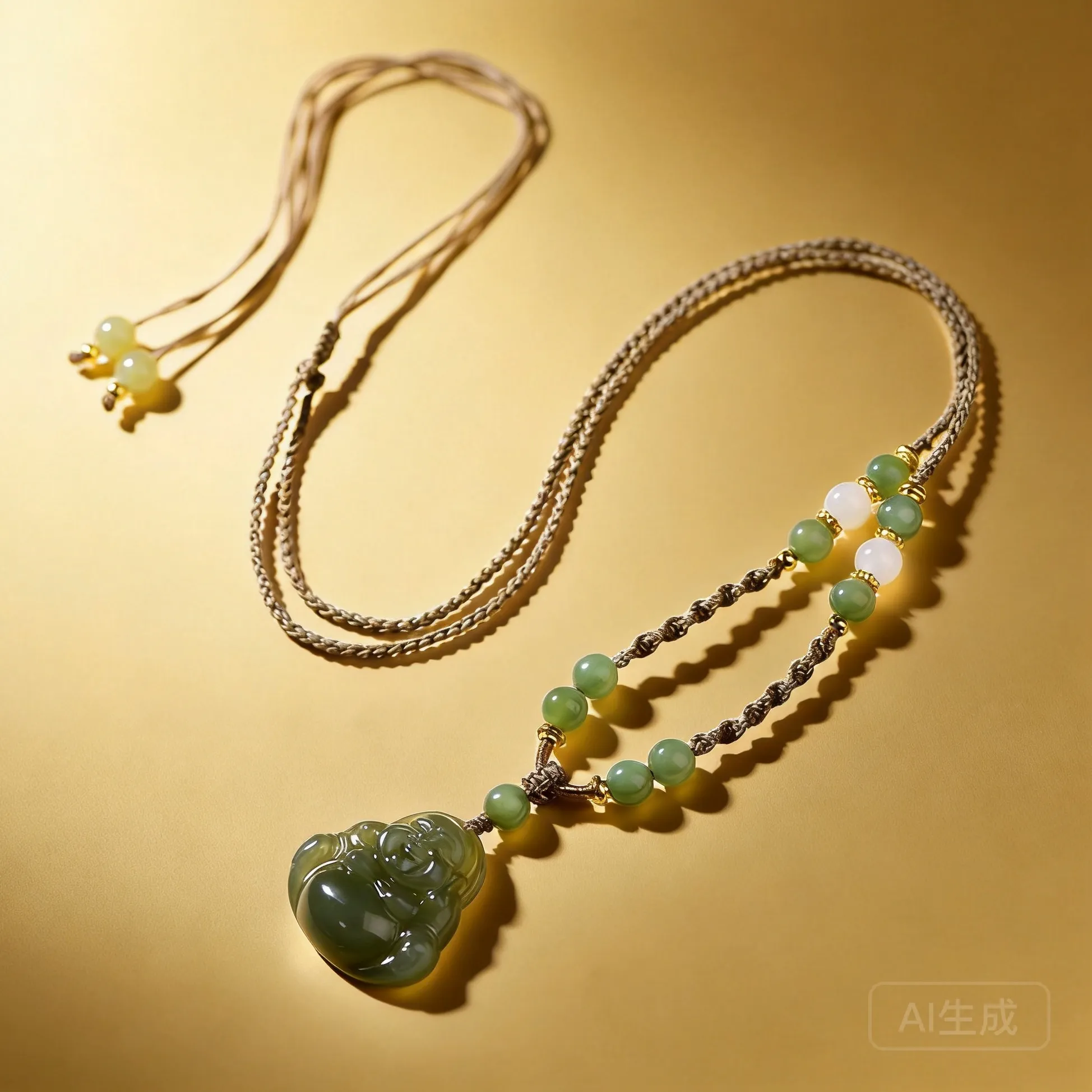 Authentic Natural Hetian Jade Laughing Buddha Pendant Chinese Traditional Good Luck Wealth Blessing Adjustable Braided Necklace Amu