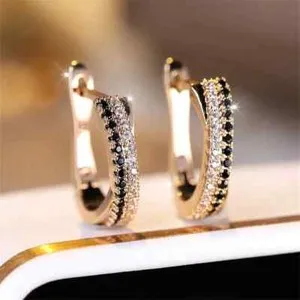 Authentic Gold Plated Shiny Rhinestone Hoop Earrings Jewelry Women Holiday