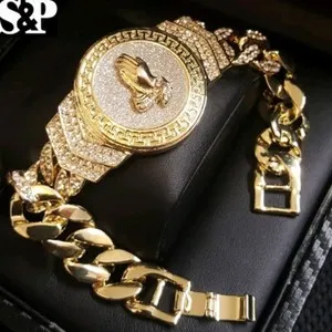 Authentic Hip Hop 14K Gold Plated 8.5" CZ Full Iced Praying Hands Cuban Bracelet