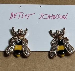 Authentic Cute Women Gold Plated Bee Black & Yellow Crystals Earrings