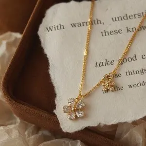 Authentic Woman Gold Plated Cute CZ Sakura Necklace Chain Anti-tarnish
