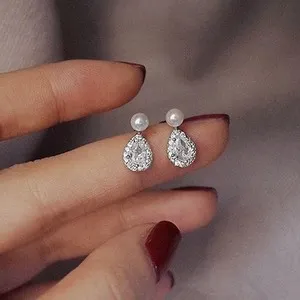 Authentic Women White Gold Plated CZ Sparkling Pearl Cute Earring Stud