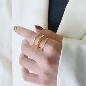 Authentic Woman 18k Gold Plated Hollow 3 Layer Band Ring Index Finger Joint Ring