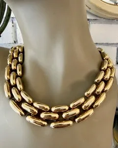 Authentic The Midnight Panther's Embrace Ancient Triple- Link Rice Chain Collar In Sacred Gold