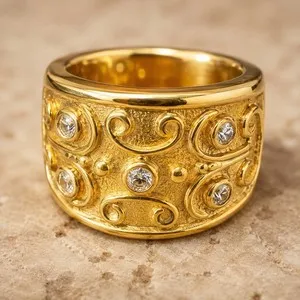 Authentic Etruscan Revival Scrollwork Sanctuary Ring - Sovereign Gold Plated Estate Talisman