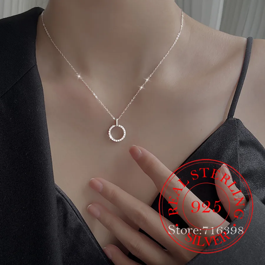 Authentic Real Money 925 Sterling Silver Women's Pendant Necklace Round Circle Crystal Pendant Necklace Wedding Party Jewelry