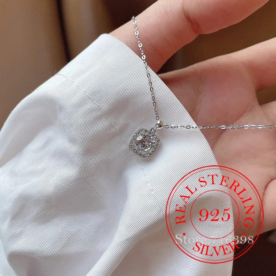 Authentic Real Money 925 Sterling Silver Simple Square Zircon Crystal Pendant Necklace for Women Men Wedding Party Jewelry
