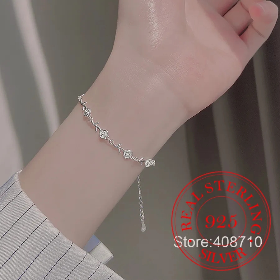 Authentic Real Money Korean 925 Sterling Silver Exquisite Rose Flower Charm Bracelet For Women Girls Homme Wedding Party Jewelry