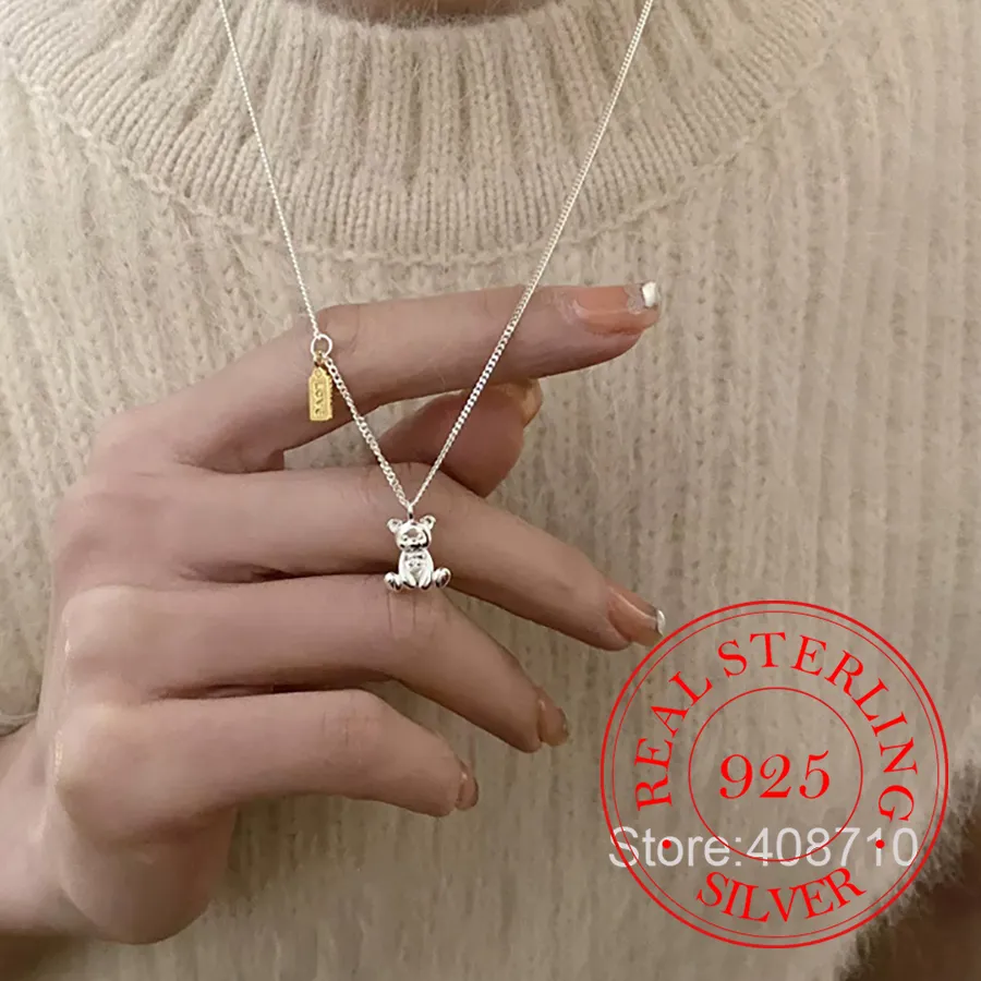 Authentic Real Money 925 Sterling Silver Ladies' Necklace Korean Simple Love Bear Sweater Chain Necklace Wedding Party Jewelry