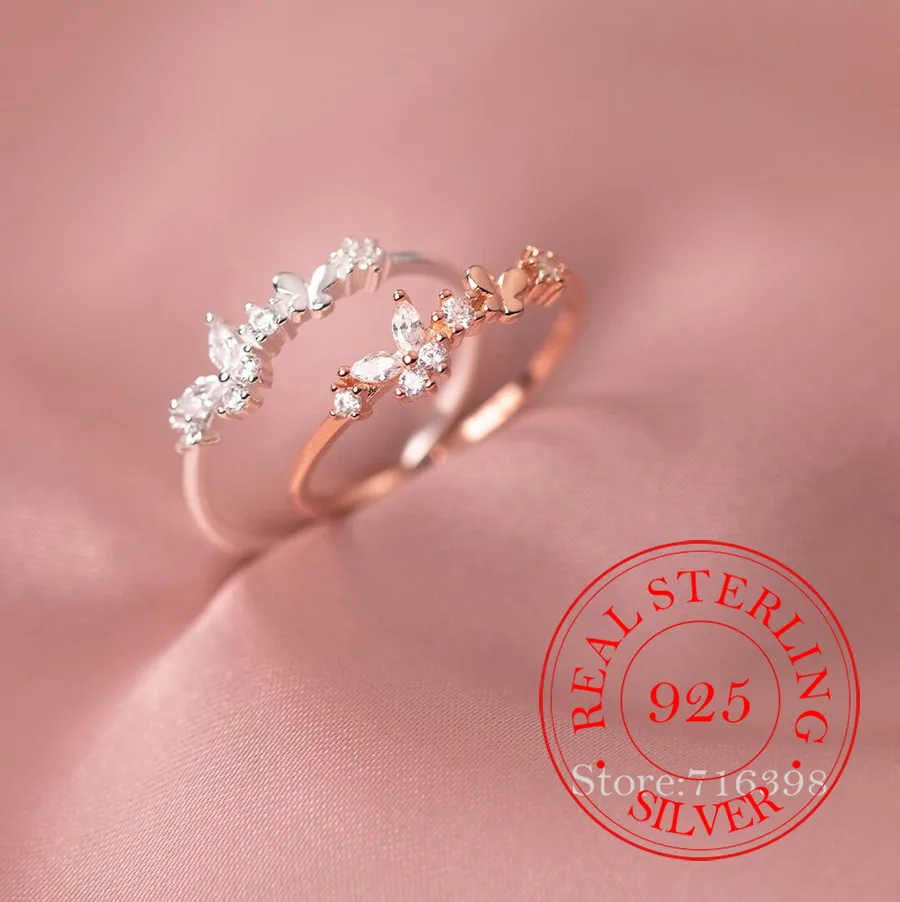 Authentic Real Money 925 Sterling Silver Zircon Crystal Butterfly Finger Rings For Women Girls Money 925 Wedding Party Jewelry