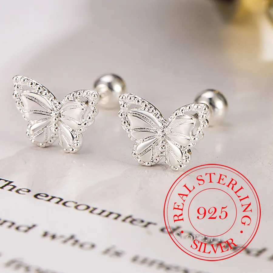 Authentic Real Money 925 Sterling Silver Crystal Butterfly Screw Stud Earrings for Women Wedding Party Jewelry Pendientes Mujer Moda