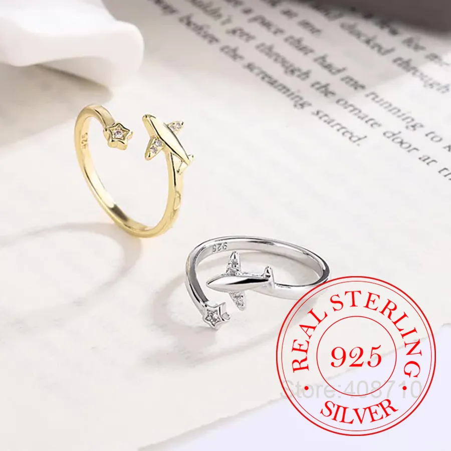 Authentic Real Money 925 Sterling Silver Zircon Crystal Plane Pentagram Finger Rings For Women Girls Money 925 Wedding Party Jewelry