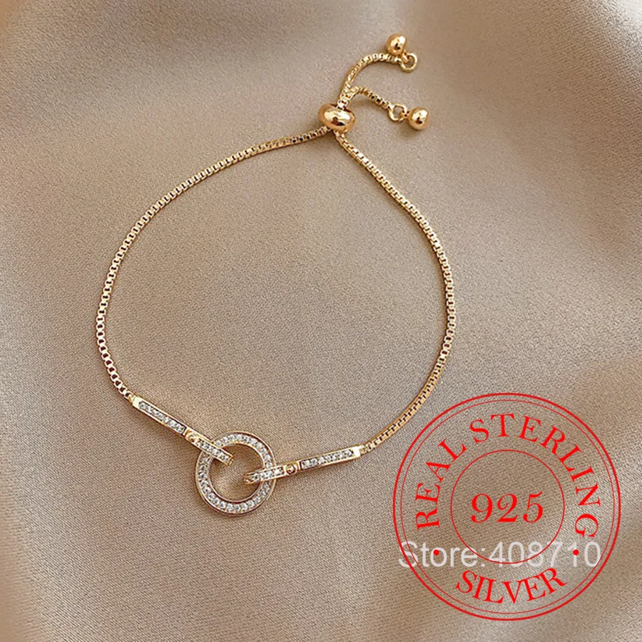 Authentic Korean Simple 925 Sterling Silver Round Circle Crystal Chain Bracelet For Women Homme Wedding Party Jewelry Real Money