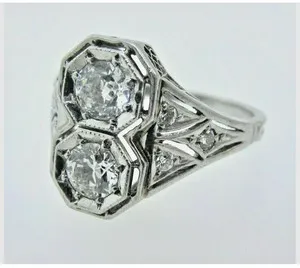 Authentic The Eternal Duality Twin Moissanite Art Deco Talisman Ring in Radiant 14K White Gold Finish