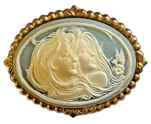 Authentic Vintage Yellow Gold Plated Brooch Twin Sisters Cameo 2" Long
