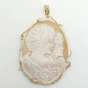 Authentic Hand-Carved Twin Cameo Pendant – Romantic Design, CZ, Gold-Plated Silver