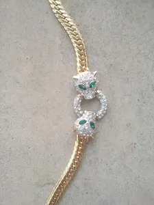 Authentic VGT Gold -Plated Twin Headed Panther Paved Green And Clear Rhinestone Necklace