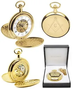 Authentic Mount Royal Masonic Twin Lid Skeleton Pocket Watch 17 Jewel Gold Plated (G414)