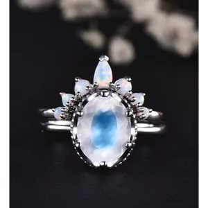 Authentic 3.10 Ct Oval Moonstone Moissanite Twin Ring Set 14K White Gold Plated