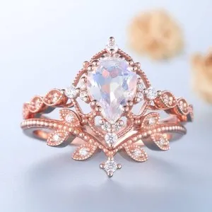 Authentic 2.10 Ct Pear Cut Moonstone & Moissanite Twin Ring 14K Rose Gold Plated