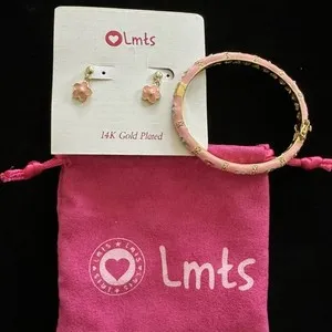 Authentic Little Miss Twin Stars Pink Flower 14K Gold Plated Earring & Bangle Set