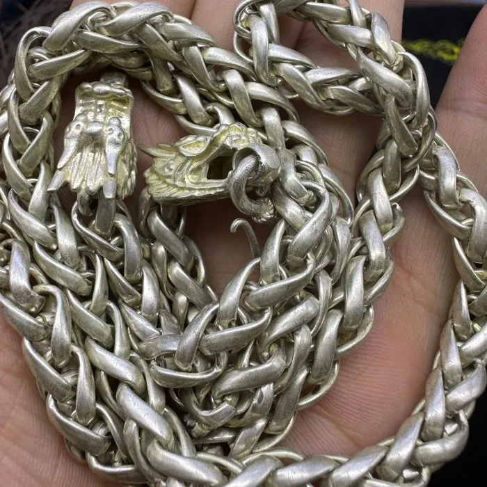 Authentic Silver- Plated Nepalese Hollow Necklace, Twin Dragon Head Tibetan Silver Style Jewelry