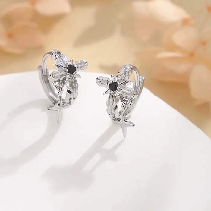 Black Zircon Four- Pointed Star Ear Buckle Personality Twin Star Earrings And Jewelry Cross Star Earring