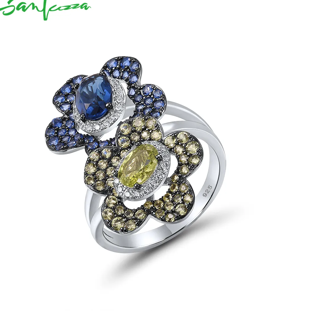 Authentic SANTUZZA Silver Rings For Women 925 Sterling Silver Sparkling Blue Green Stones Twin Flower Stylish Special Trendy Fine Jewelry