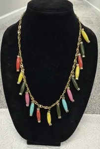 Authentic Vintage Bohemian Dangling Multicolor Oblong Beads Gold Plated 24” Necklace