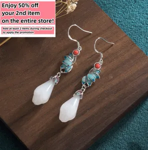 Authentic Bohemian Jade Drop Earrings Cloisonné Gemstone Dangle Hook 18K White Gold Plated