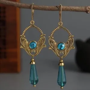 Authentic Vintage Gold Blue Gem 14K Gold Plated Elegant Bohemian Glamour Dangle Earrings