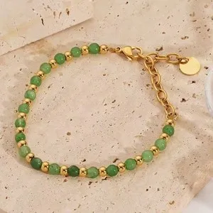 Authentic Beaded Bracelet 18K Gold Plated Round Bohemian Black Agate T127