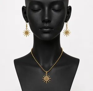 Authentic Bohemian Style Spiral Sun Swirl Gold plated Pendant Necklace & Hook Earrings Set