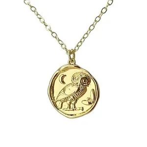 Authentic 14K Gold plated coin Owl necklace dainty minimalist Athena jewelry bohemian boho