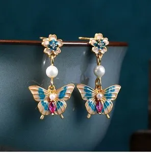 Authentic Pearl Gemstone Drop Dangle Earrings Butterfly Flower Bohemian Gold Plated Decor