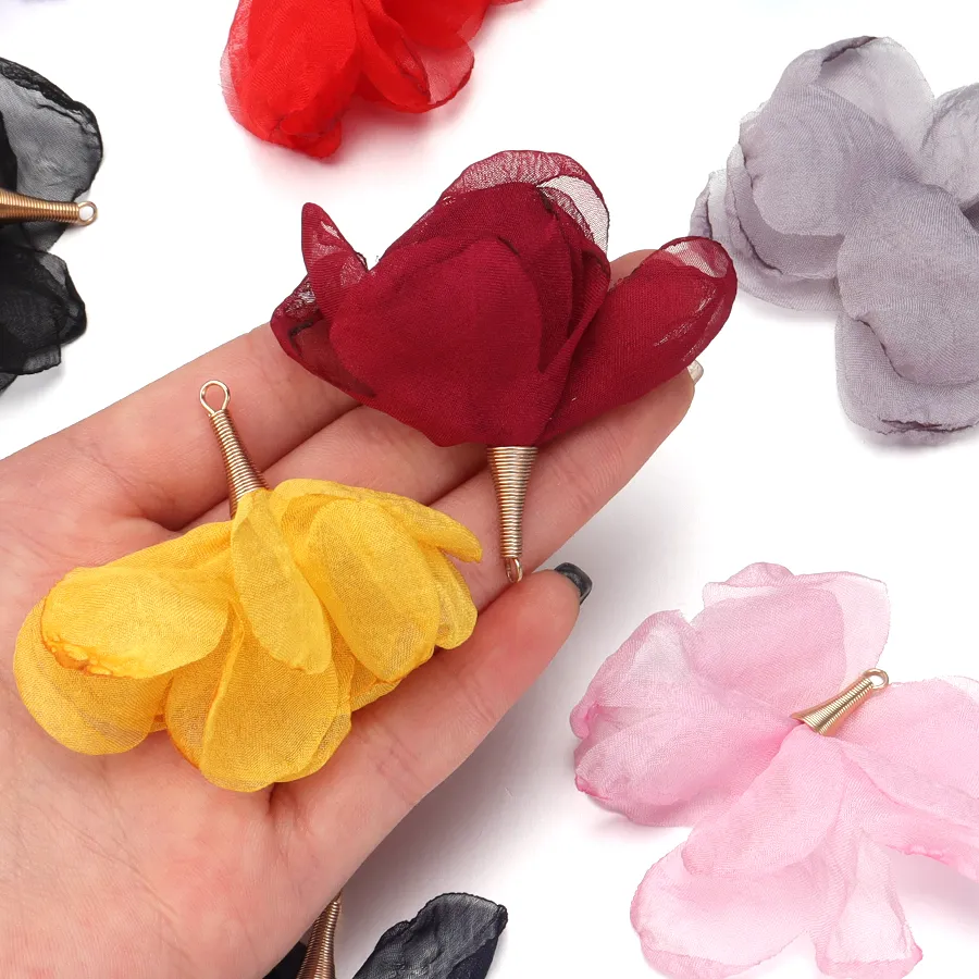 Authentic 10pcs/lot Colorful Chiffon Flower Pendants 5cm Fabric Flower Tassel Pendant Earrings For DIY Keychain Jewelry Making Accessories