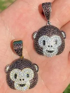 Authentic Real Solid 925 Silver Monkey Face Emoji Pendant Necklace Gold Plated Iced CZ 🐵