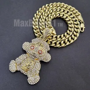 Authentic Gold Plated Cubic Zirconia Baby 38 Monkey Pendant & Cuban Chain Necklace