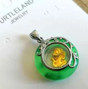 Authentic 24K Yellow Gold Plated Jade Chinese Zodiac Monkey Spinning Pendant Necklace