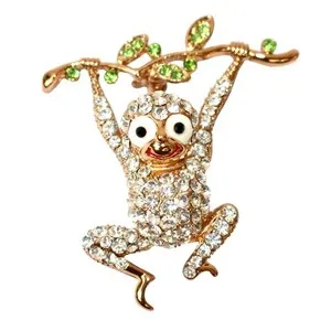 Authentic Navachi 18k Gold Plated Crystal Branches Leaves Monkey Brooch Pin White