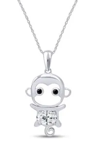 Authentic Cute Monkey Pendant Necklace Simulated Birthstone 14K White Gold Plated Sterling
