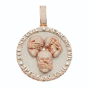 Authentic Three Wise Monkey Hear Speak See No Evil Real Moissanite Pendent 14k Gold Plated
