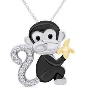 Authentic 18Kt Yellow Gold Plated Monkey Pendant Black & White Diamond Accent w/18" Chain