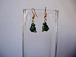 Authentic VINTAGE HANDMADE GREEN JADE " LUCKY MONEY MONKEY ! " GOLD PLATED DANGLE EARRINGS