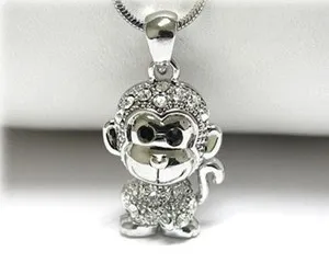 Authentic RHINESTONE CRYSTAL MONKEY PENDANT NECKLACE WHITE GOLD PLATED 18" CHAIN