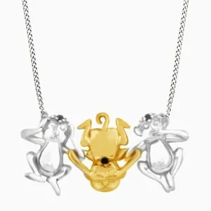 Authentic 0.02 Cttw Diamond Three Wise Monkey Necklace 14K Two Tone Gold Plated Sterling