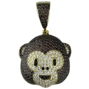Authentic 14k Gold Plated 925 Sterling Silver Iced CZ Brown Monkey Face Emoji Pendant