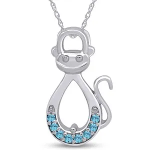 Authentic Simulated Aquamarine Infinity Monkey Pendant In 14K White Gold Plated Silver